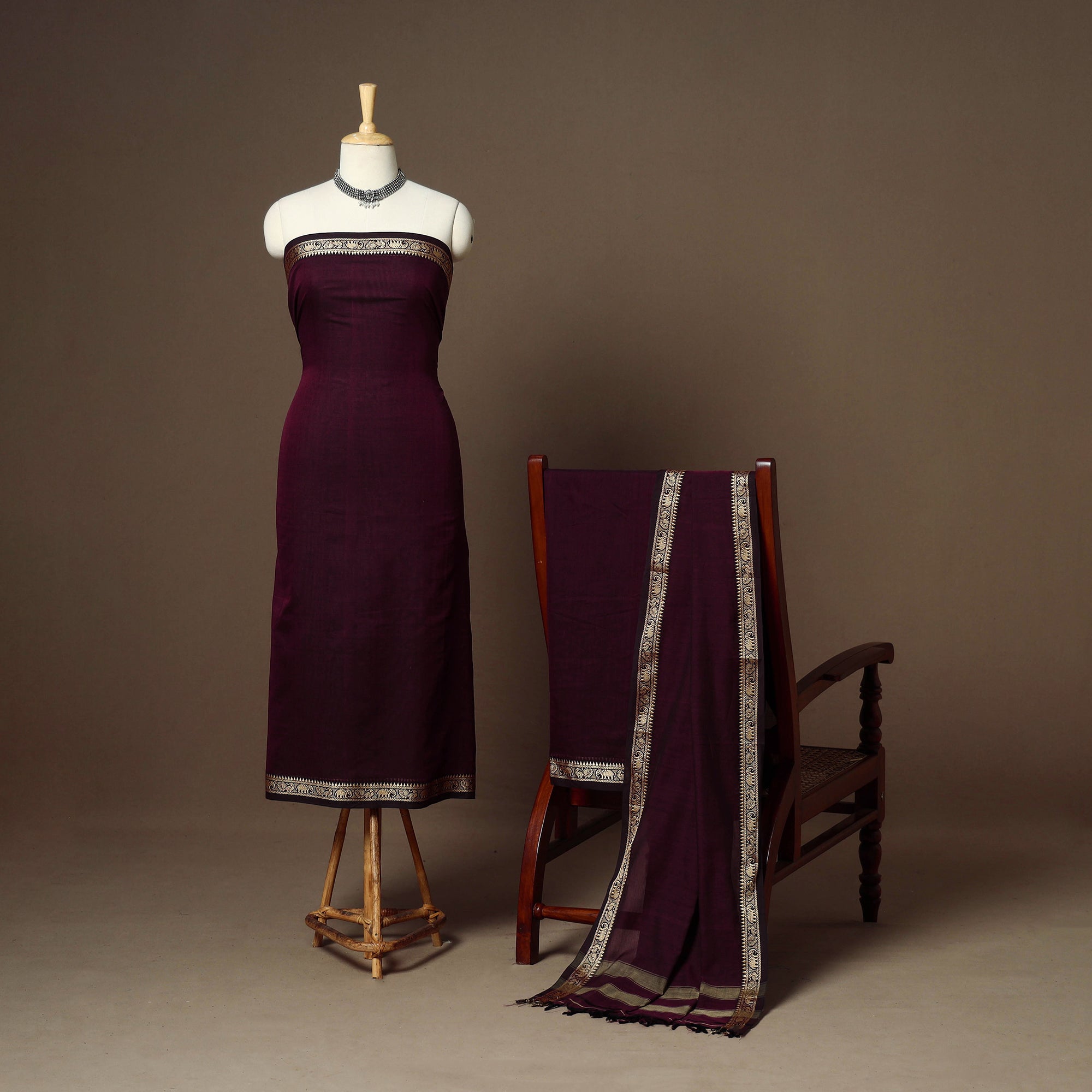 Purple - Dharwad Cotton 3pc Unstitched Dress Material with Border 42