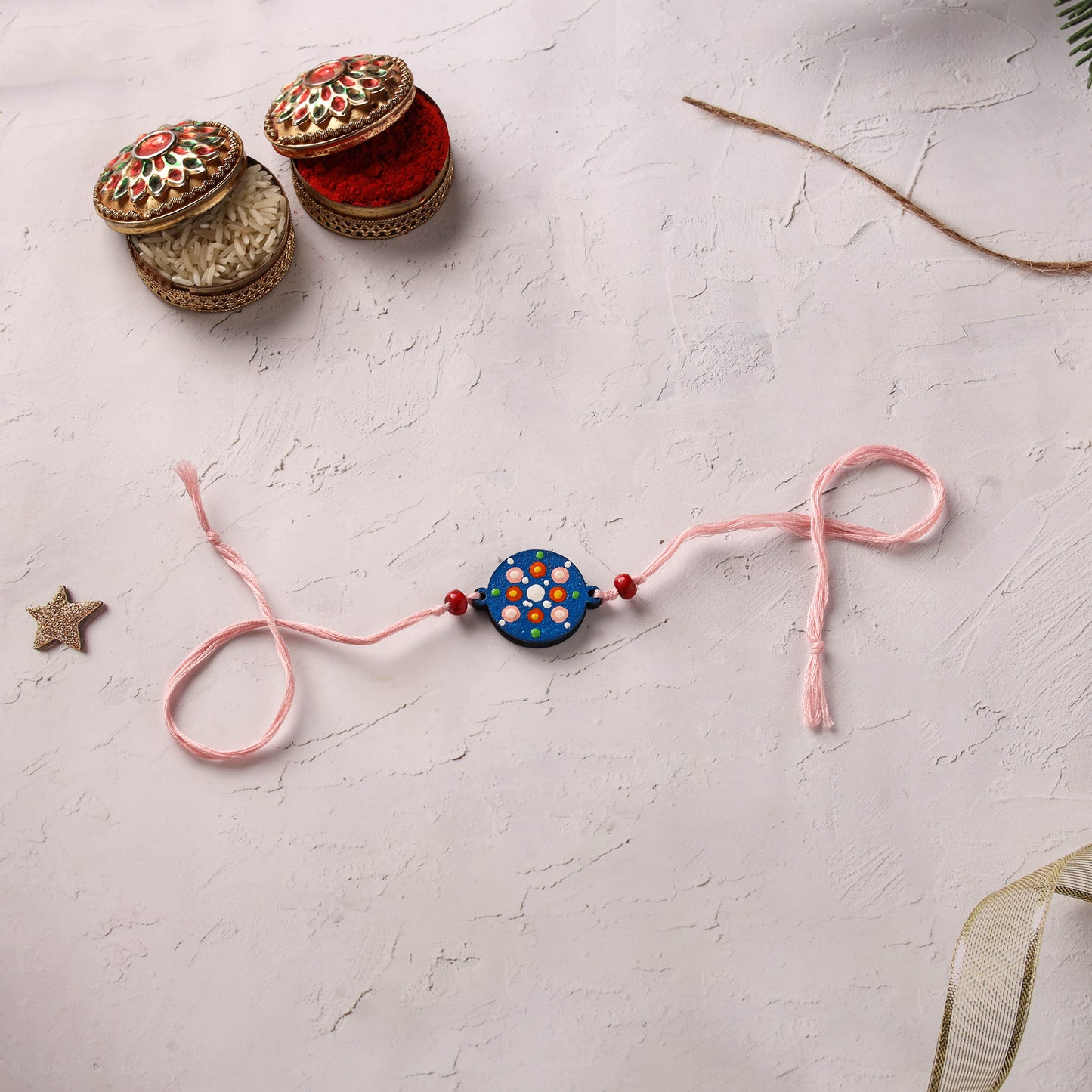 Mandala Art Handpainted Wooden Rakhi 08