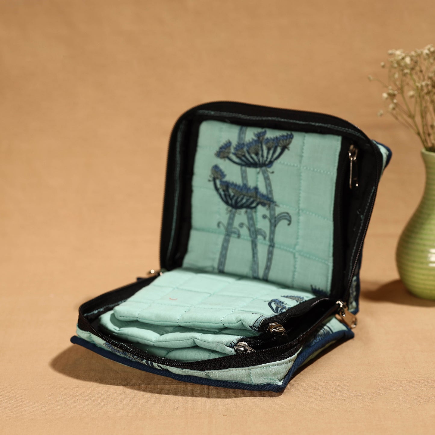 Green Handmade Cotton Jewelry Bag - 4 Pockets | iTokri