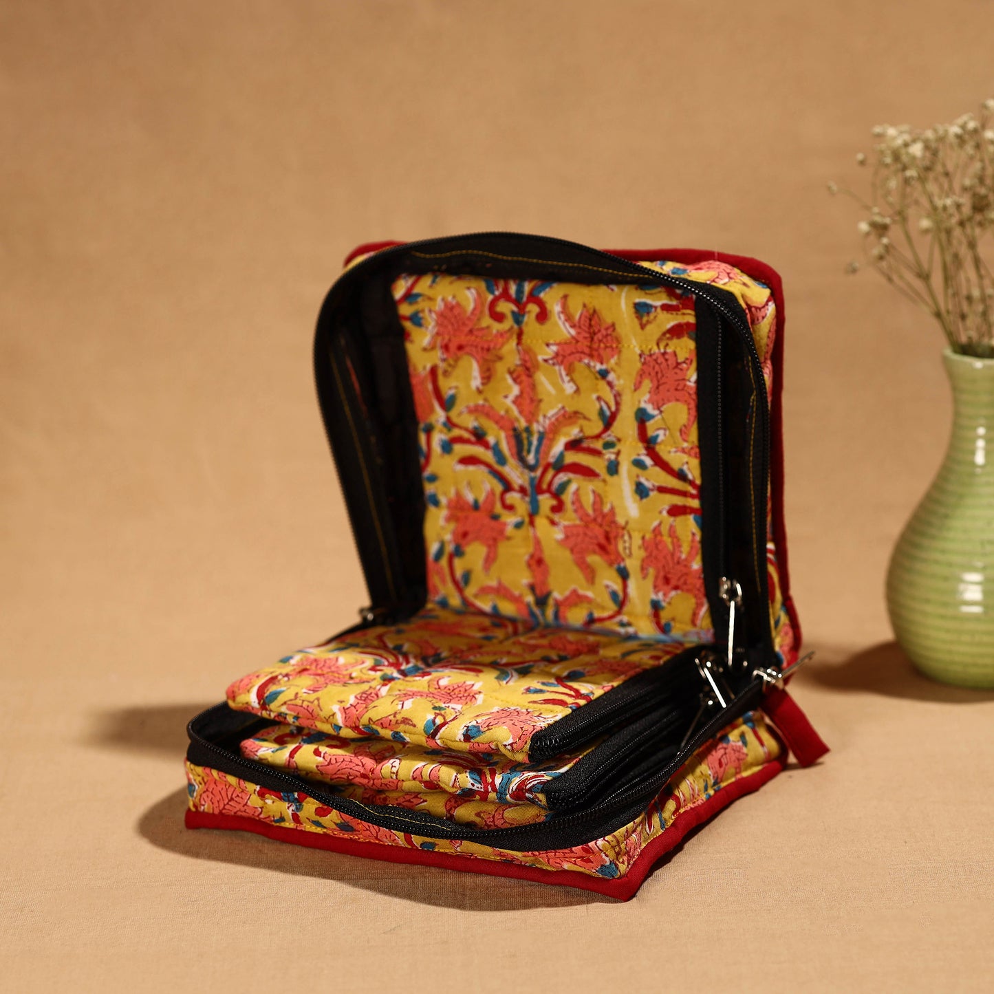 Yellow Handmade Cotton Jewelry Bag - 4 Pockets | iTokri