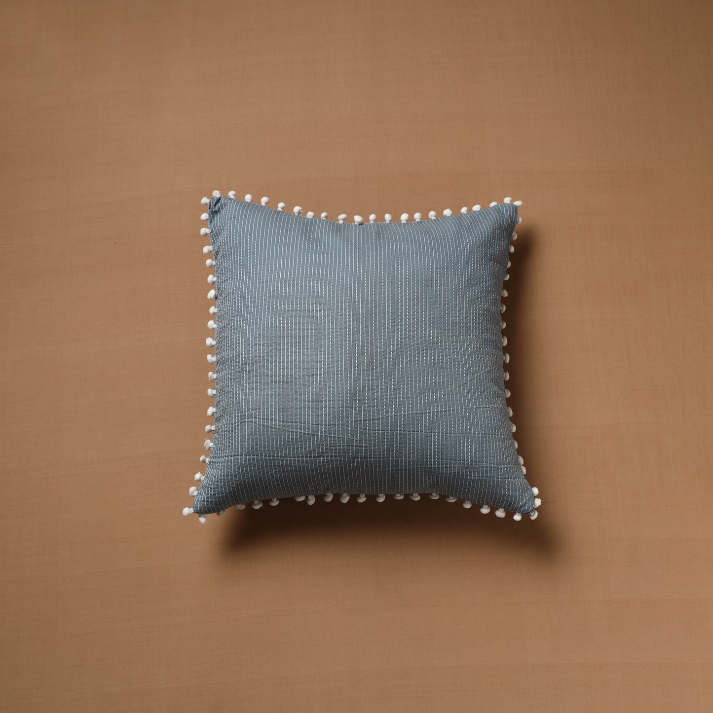 Running Stitch Plain Cushion Cover with Pom Pom (16 x 16 in) 01