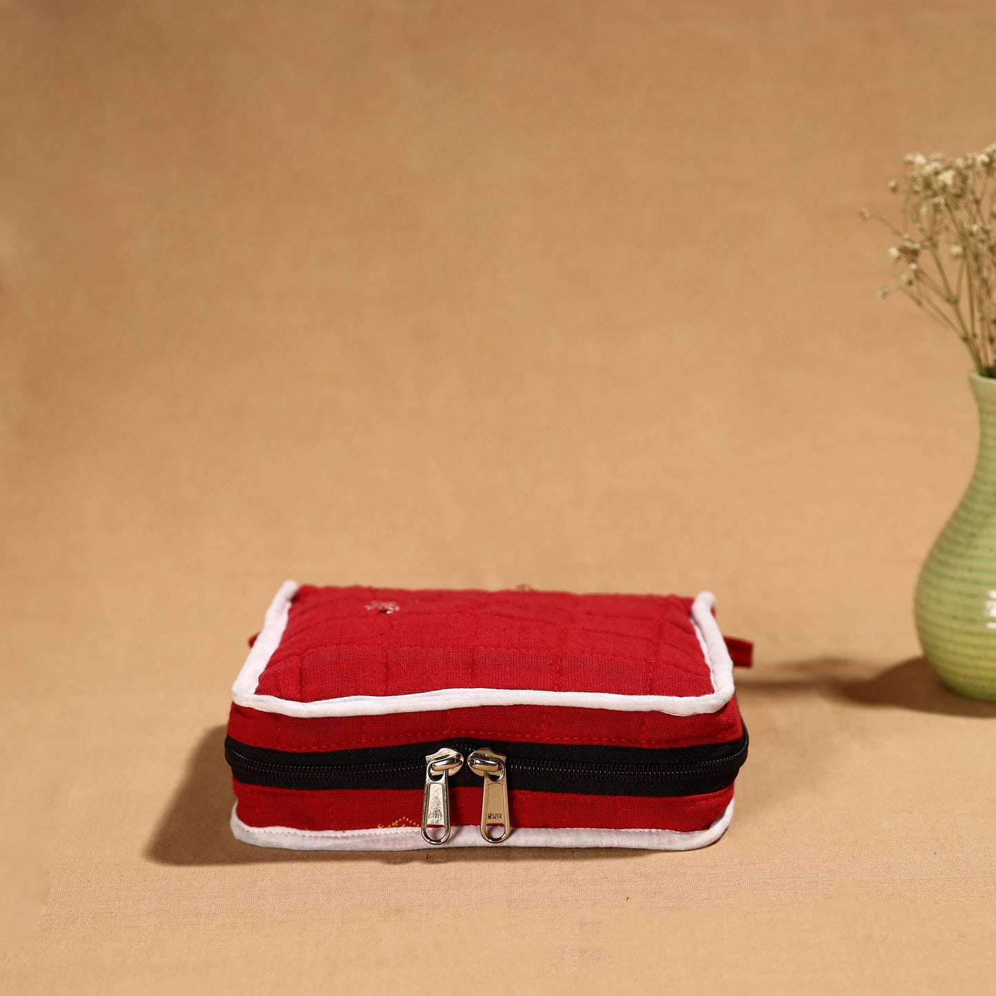 Red Handmade Cotton Jewelry Bag - 4 Pockets | iTokri