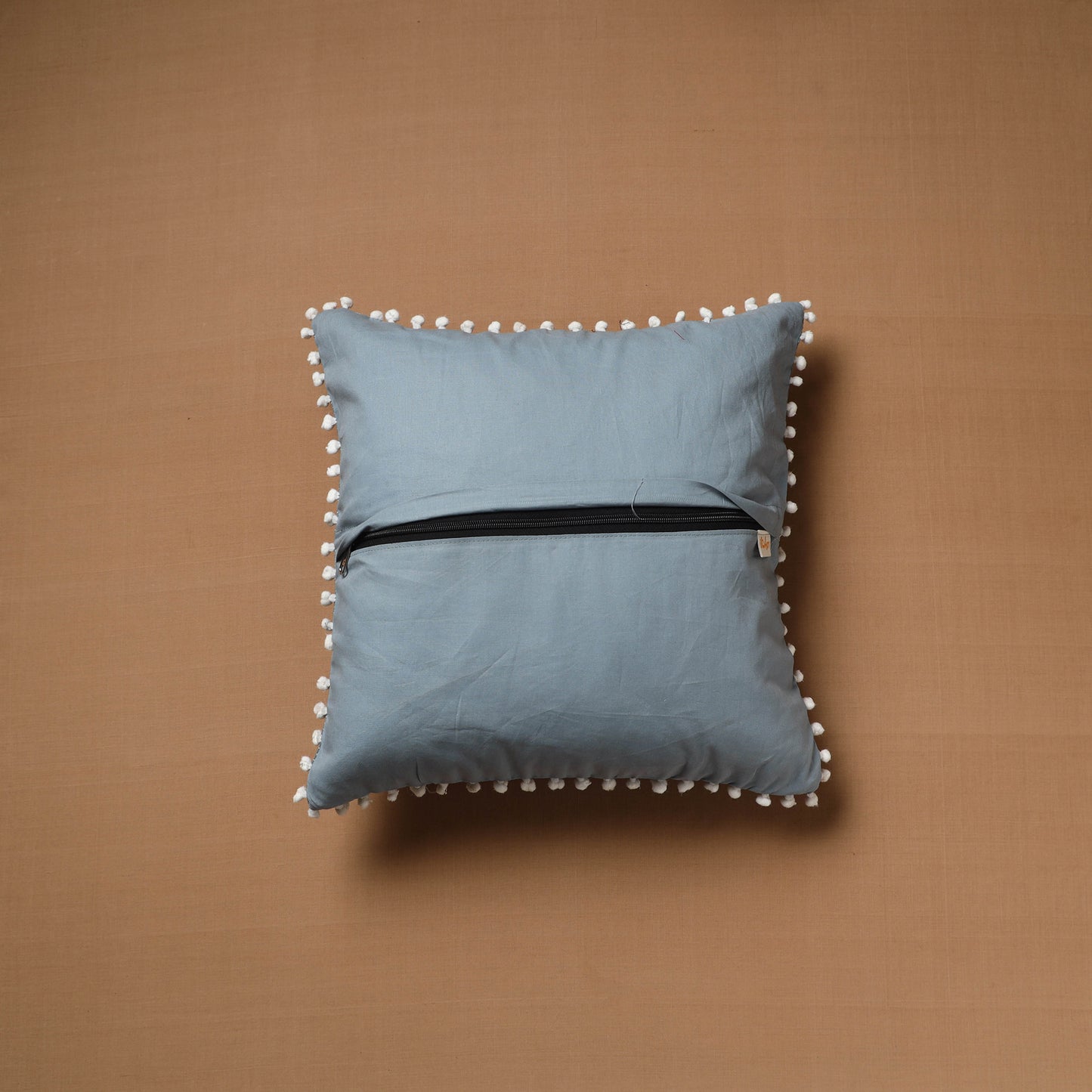 Running Stitch Plain Cushion Cover with Pom Pom (16 x 16 in) 01