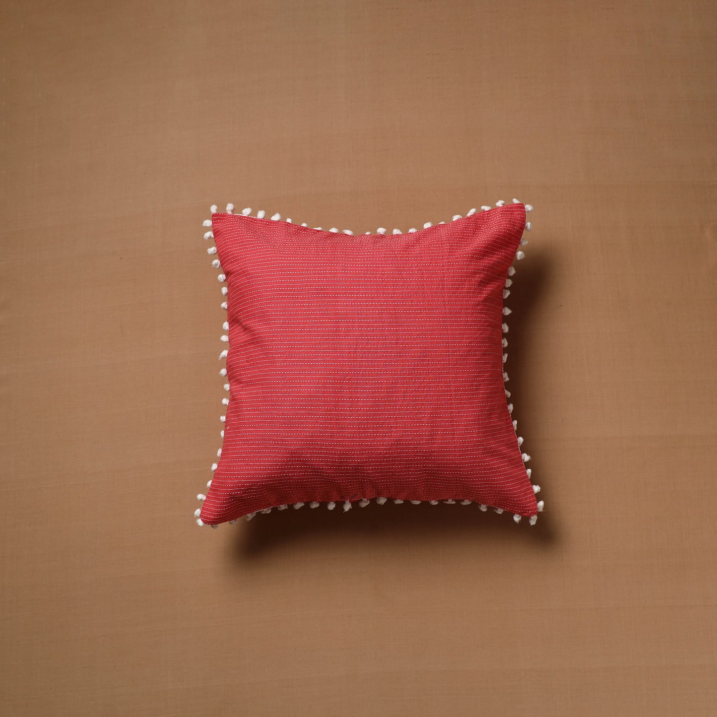 Pink - Running Stitch Plain Cushion Cover with Pom Pom (16 x 16 in) 02