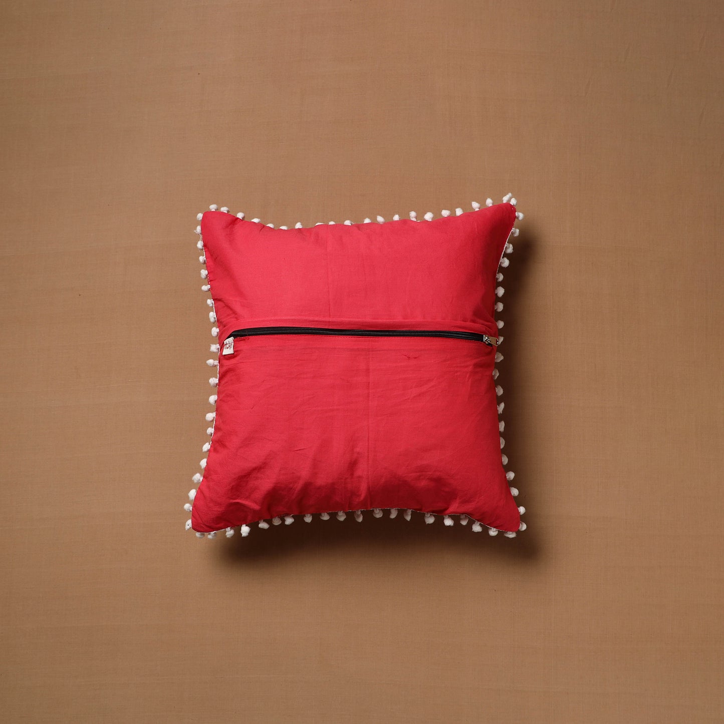 Pink - Running Stitch Plain Cushion Cover with Pom Pom (16 x 16 in) 02