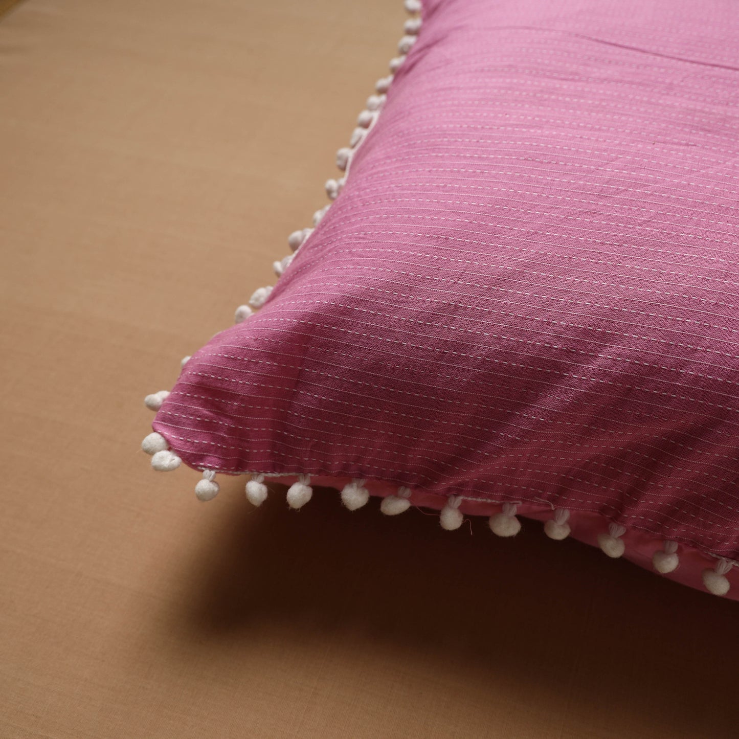 Running Stitch Plain Cushion Cover with Pom Pom (16 x 16 in) 03