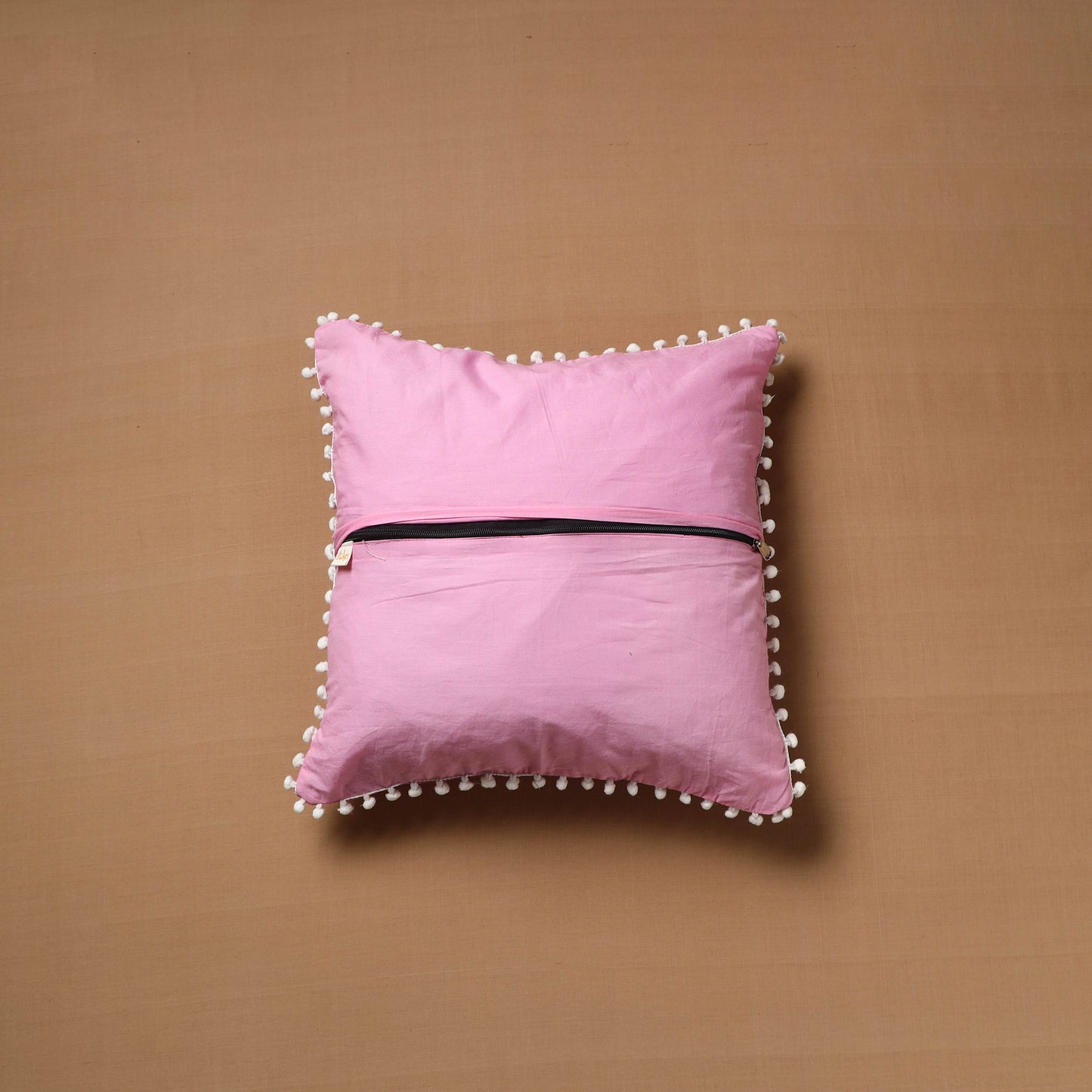 Running Stitch Plain Cushion Cover with Pom Pom (16 x 16 in) 03