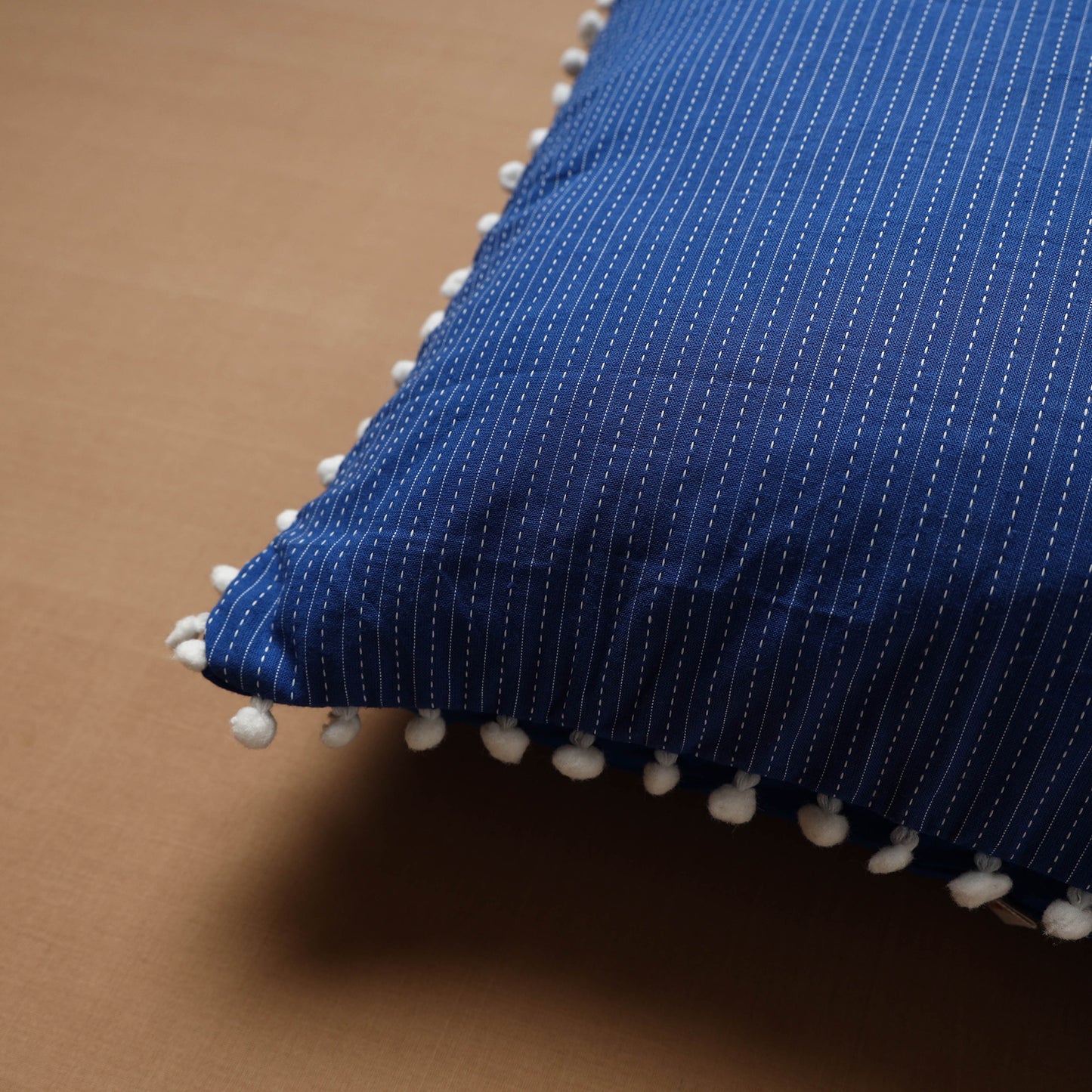 Running Stitch Plain Cushion Cover with Pom Pom (16 x 16 in) 05