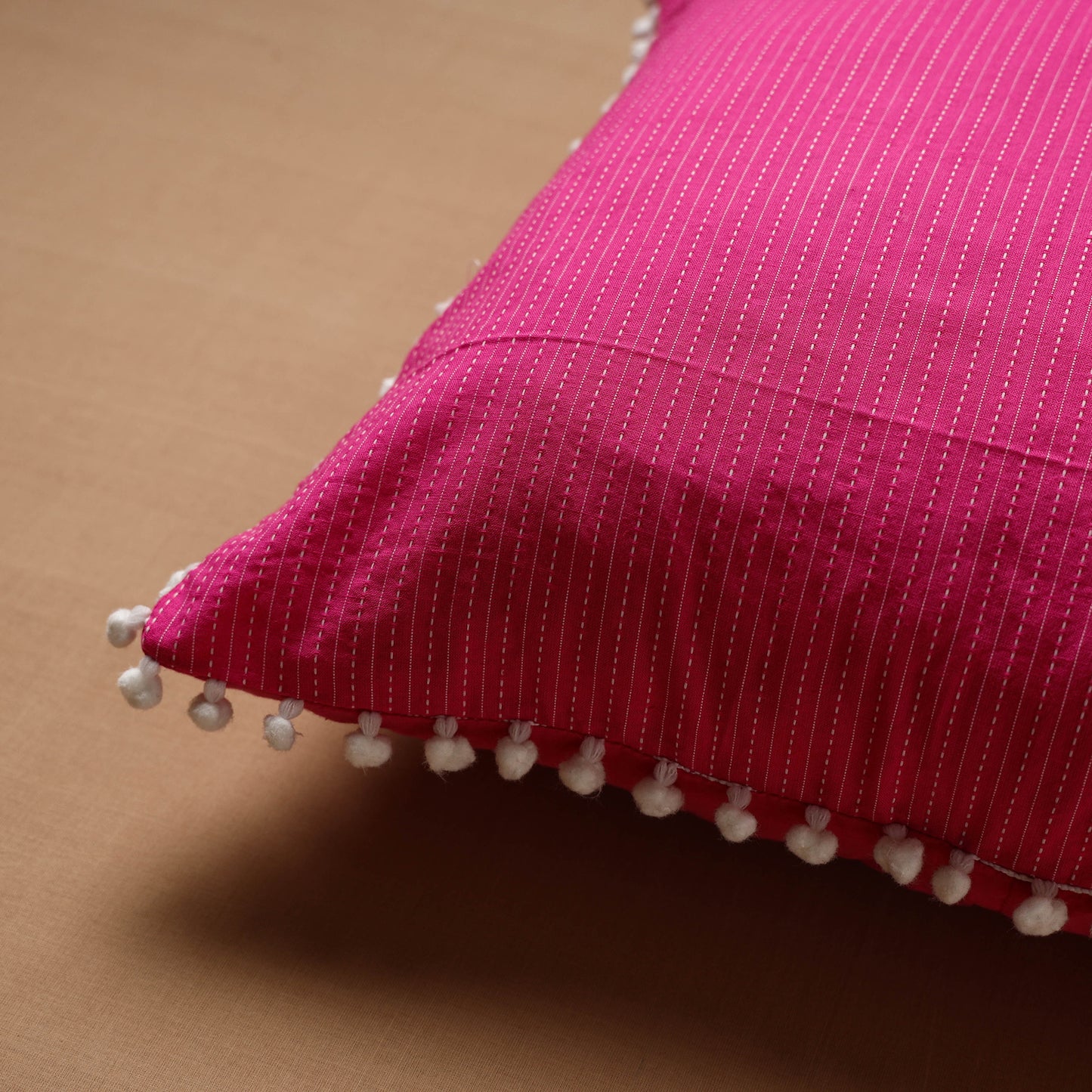 Running Stitch Plain Cushion Cover with Pom Pom (16 x 16 in) 06
