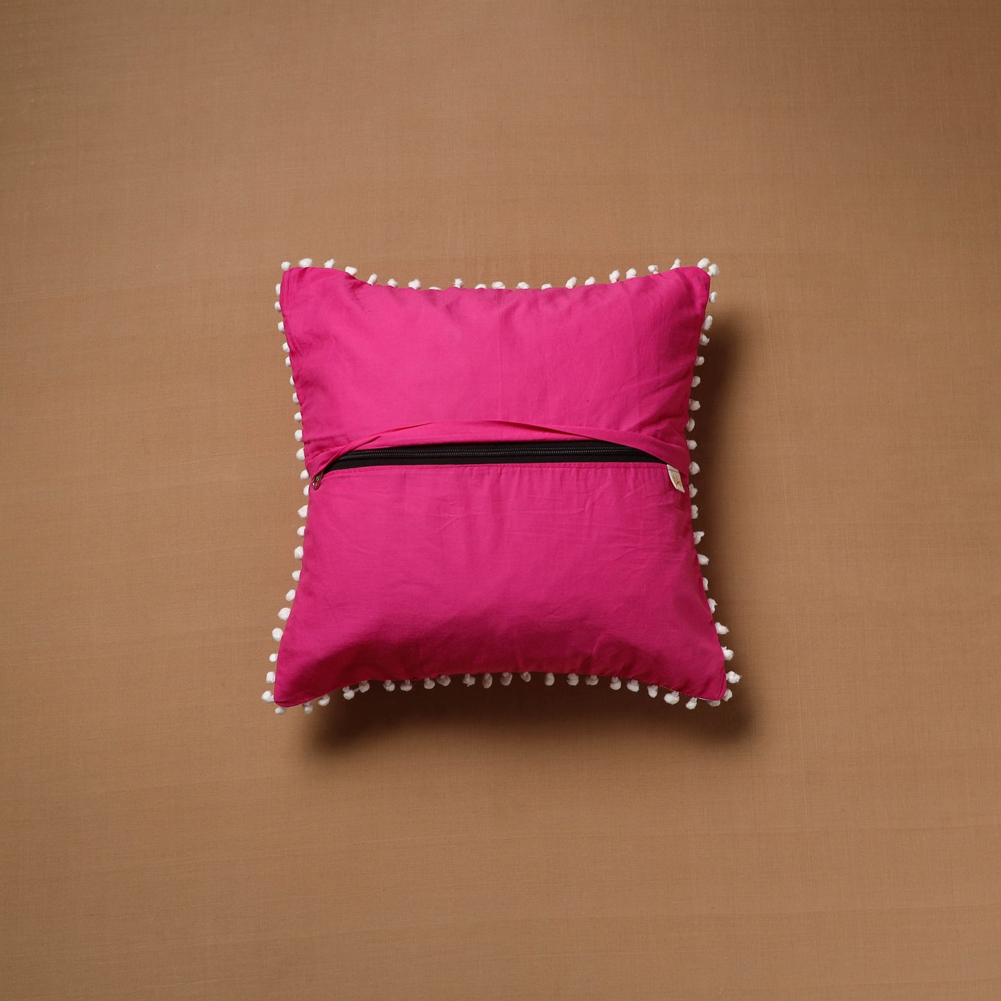 Running Stitch Plain Cushion Cover with Pom Pom (16 x 16 in) 06