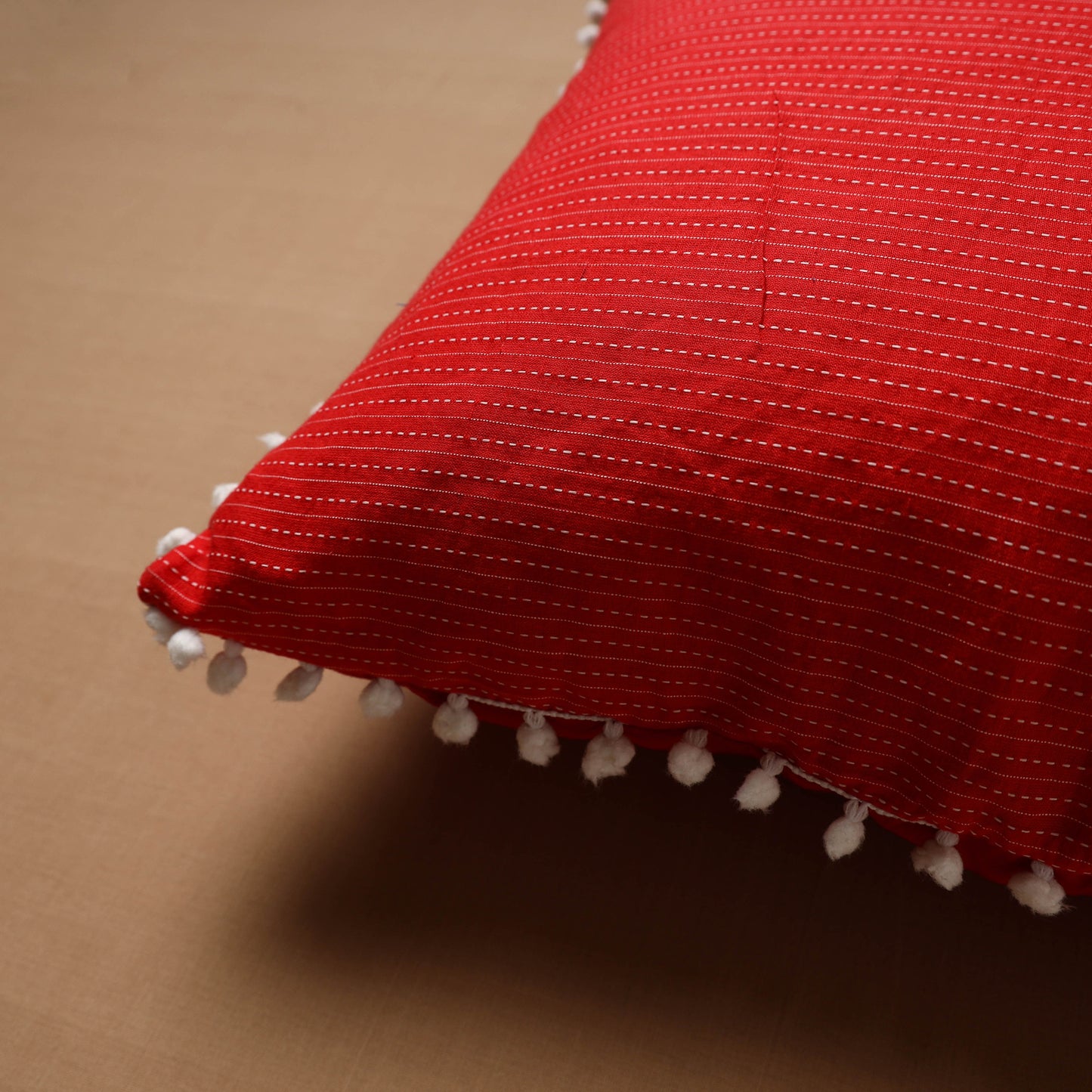 Running Stitch Plain Cushion Cover with Pom Pom (16 x 16 in) 07