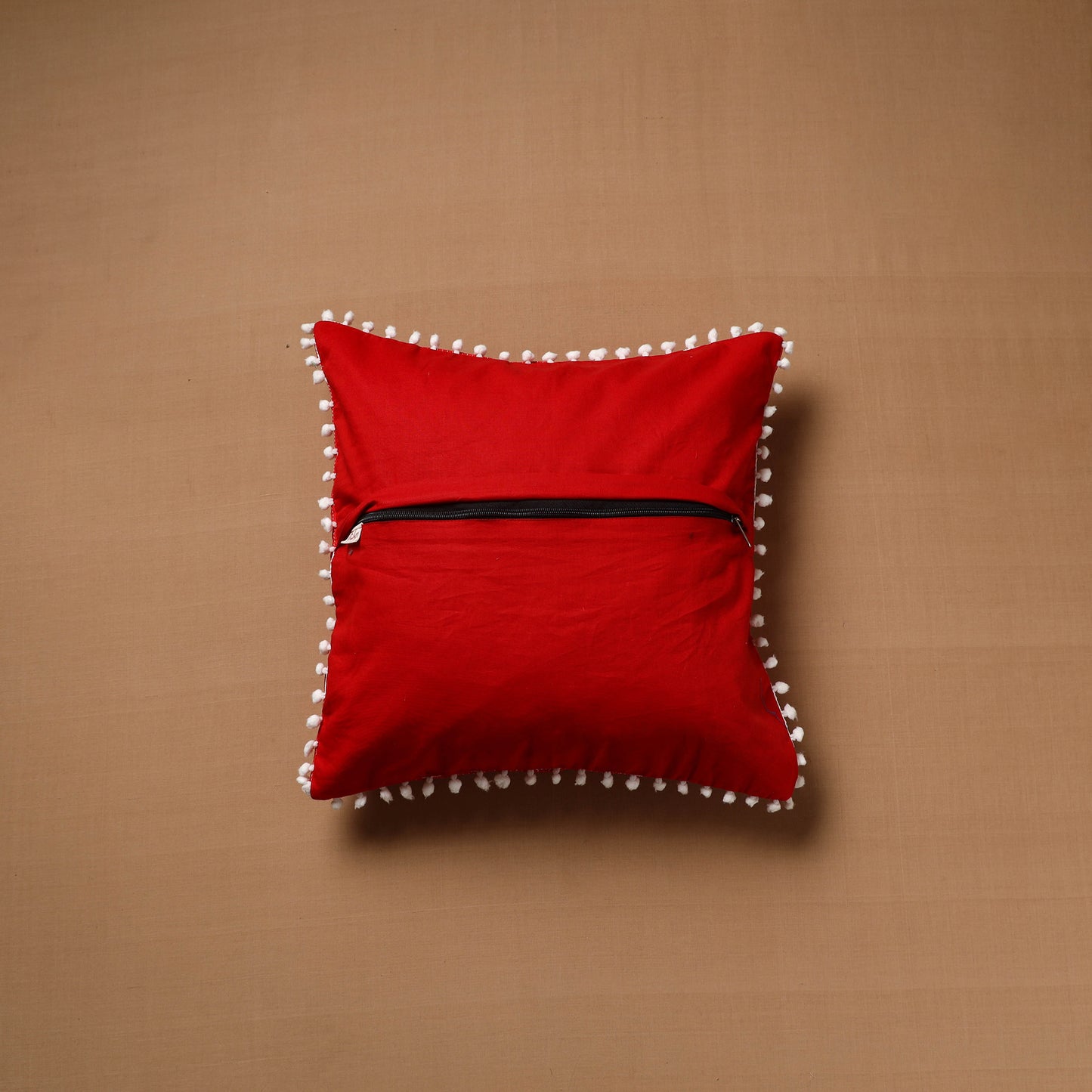 Running Stitch Plain Cushion Cover with Pom Pom (16 x 16 in) 07