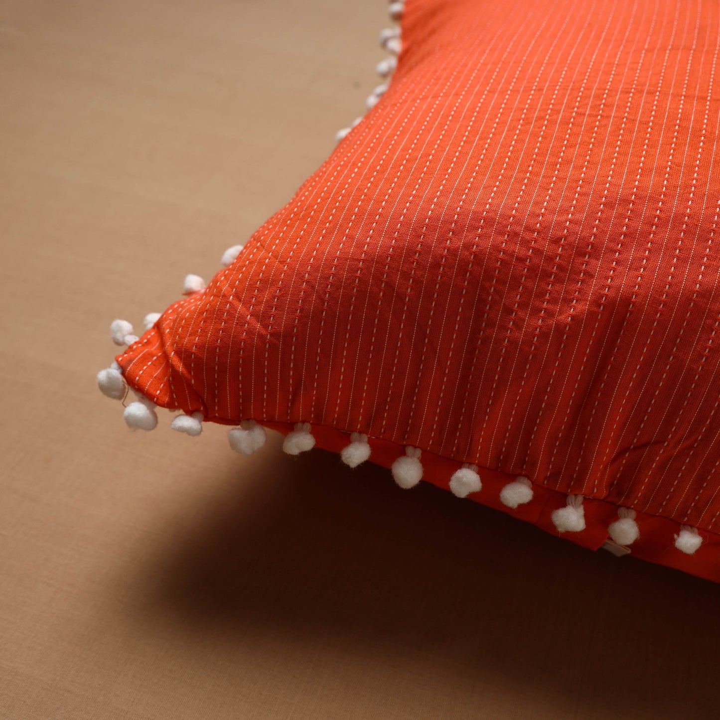 Running Stitch Plain Cushion Cover with Pom Pom (16 x 16 in) 09