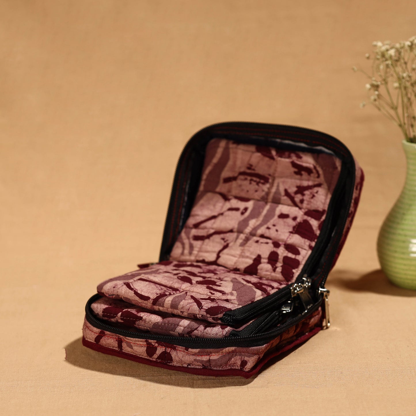 Maroon Handmade Cotton Jewelry Bag - 4 Pockets | iTokri