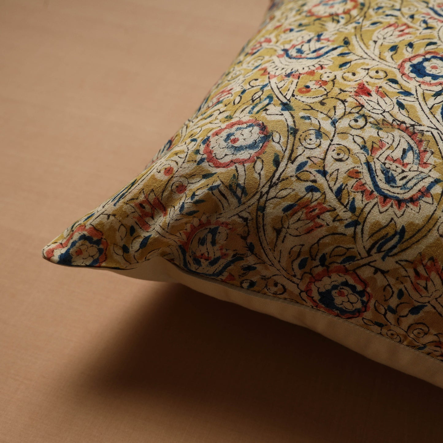 Yellow - Hand Block Print Kalamkari Cushion Cover (16 x 16 in) 14