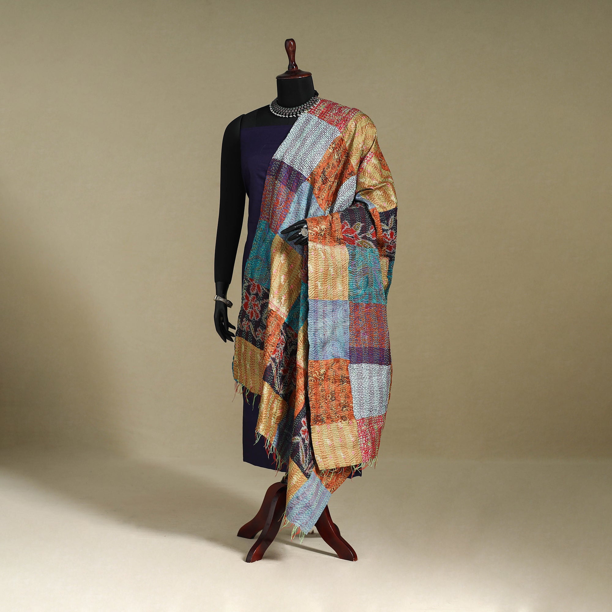 Multicolor - Bengal Hand Embroidery Patchwork Reversible Silk Kantha Dupatta 94