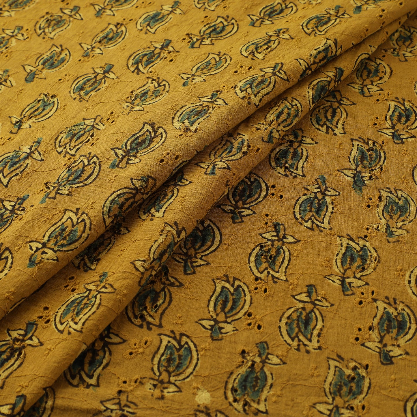 Yellow - Hakoba Hand Block Ajrakh Print Natural Dyed Cotton Fabric 36