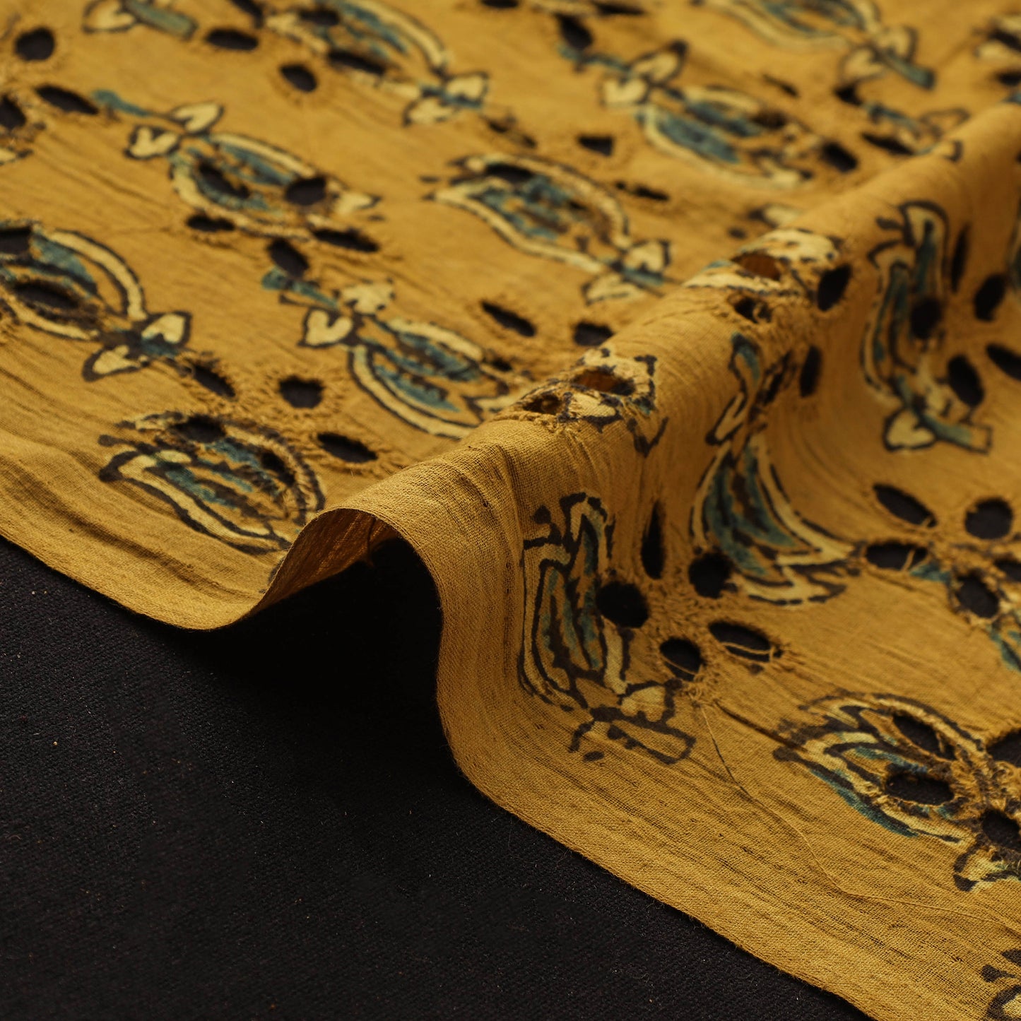Yellow - Hakoba Hand Block Ajrakh Print Natural Dyed Cotton Fabric 38