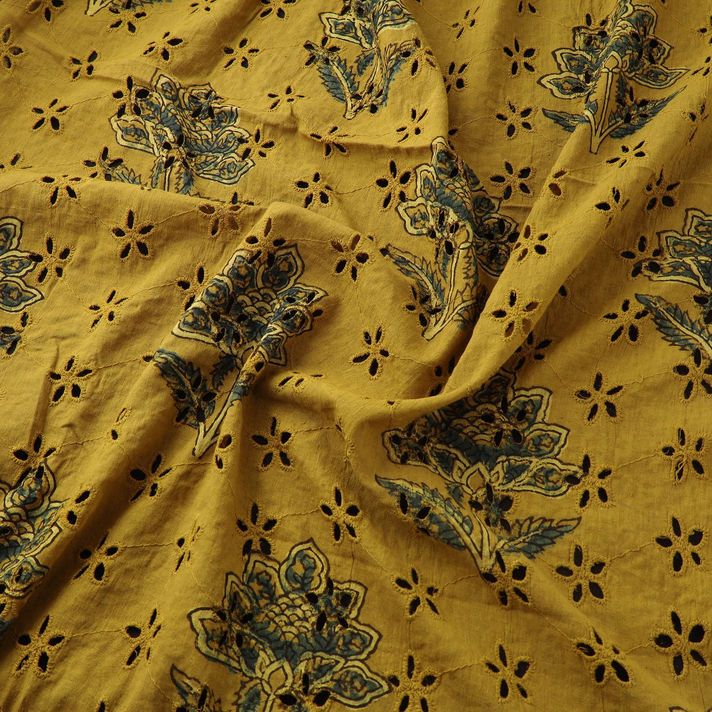 Yellow - Hakoba Hand Block Ajrakh Print Natural Dyed Cotton Fabric 45