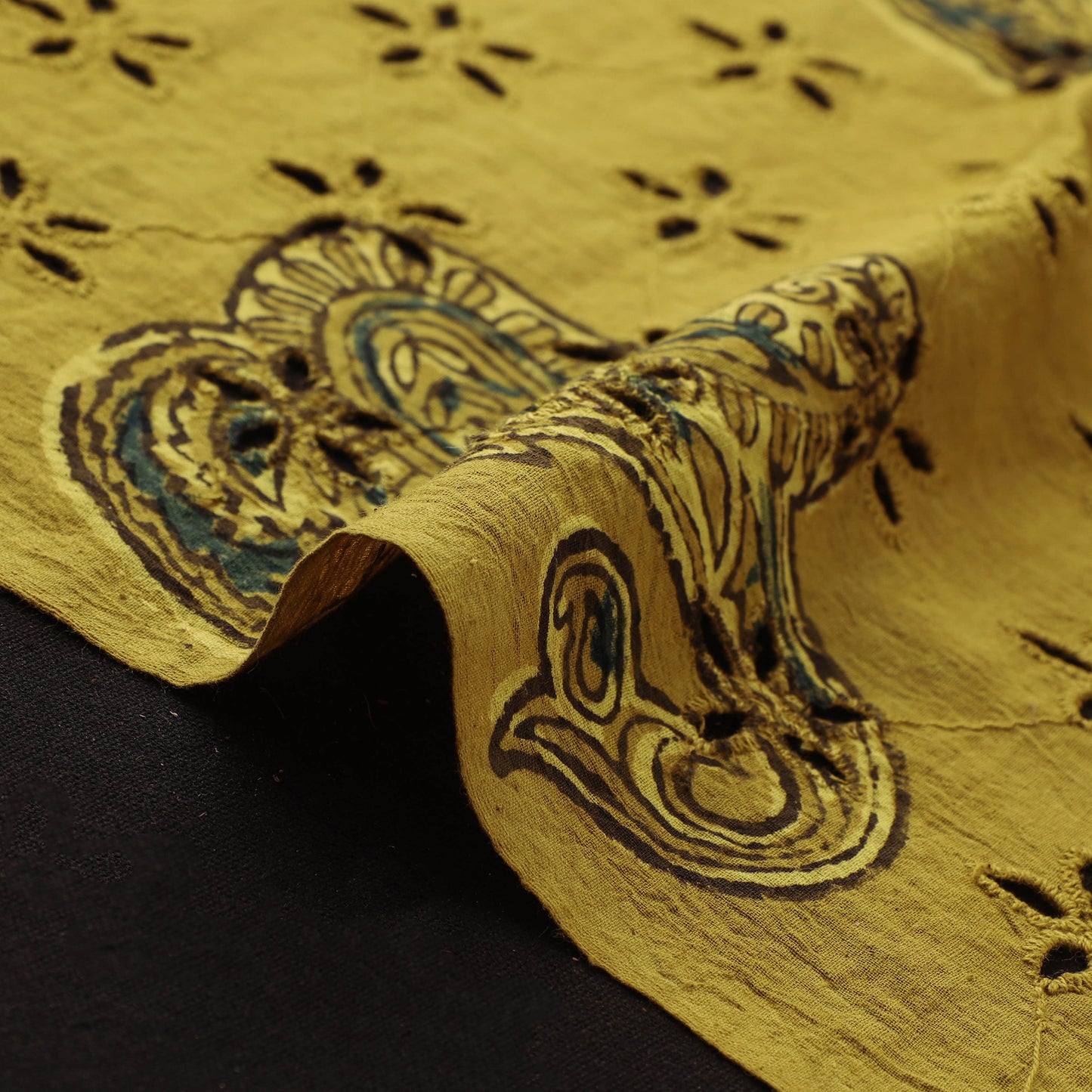 Yellow - Hakoba Hand Block Ajrakh Print Natural Dyed Cotton Fabric 50