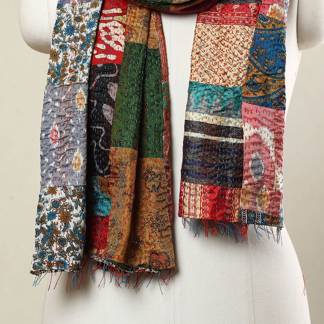 Multicolor - Bengal Kantha Embroidery Patchwork Reversible Silk Stole 85