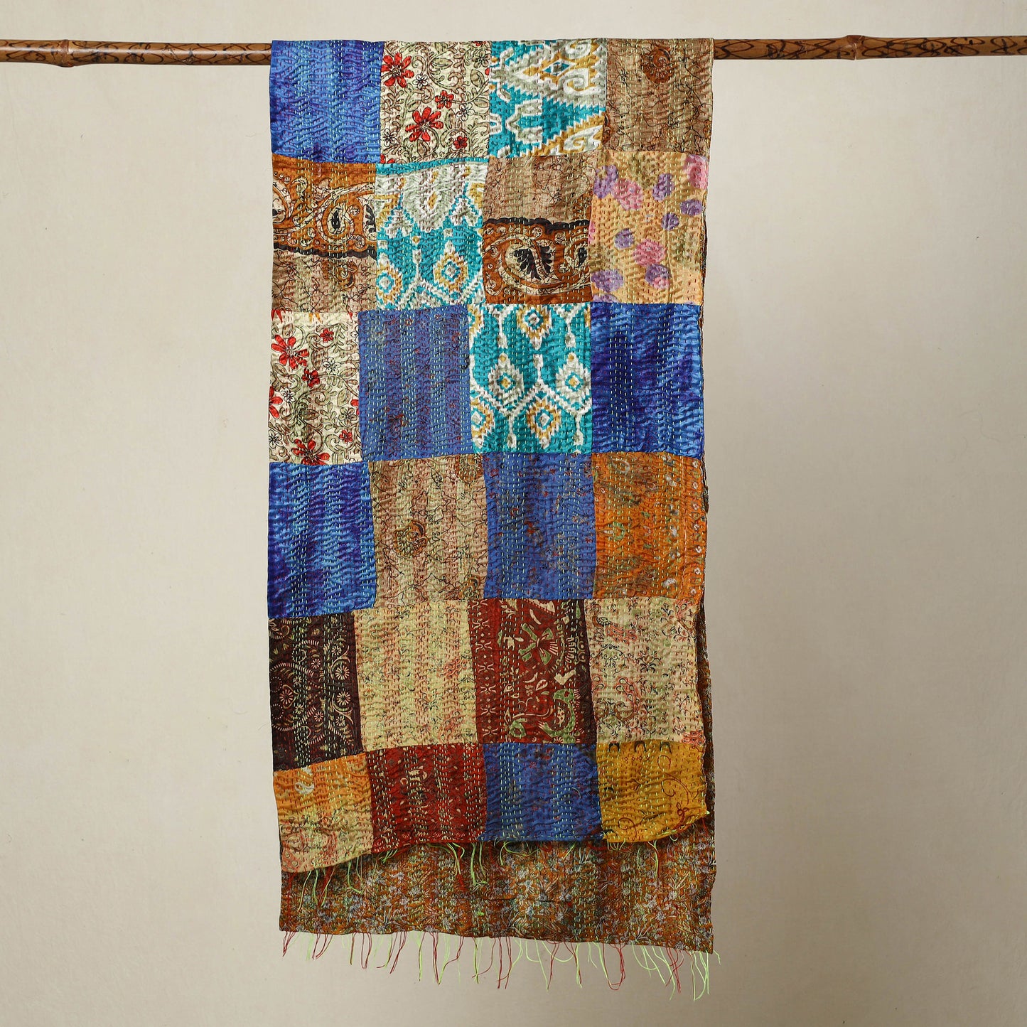 Multicolor - Bengal Kantha Embroidery Patchwork Reversible Silk Stole 90