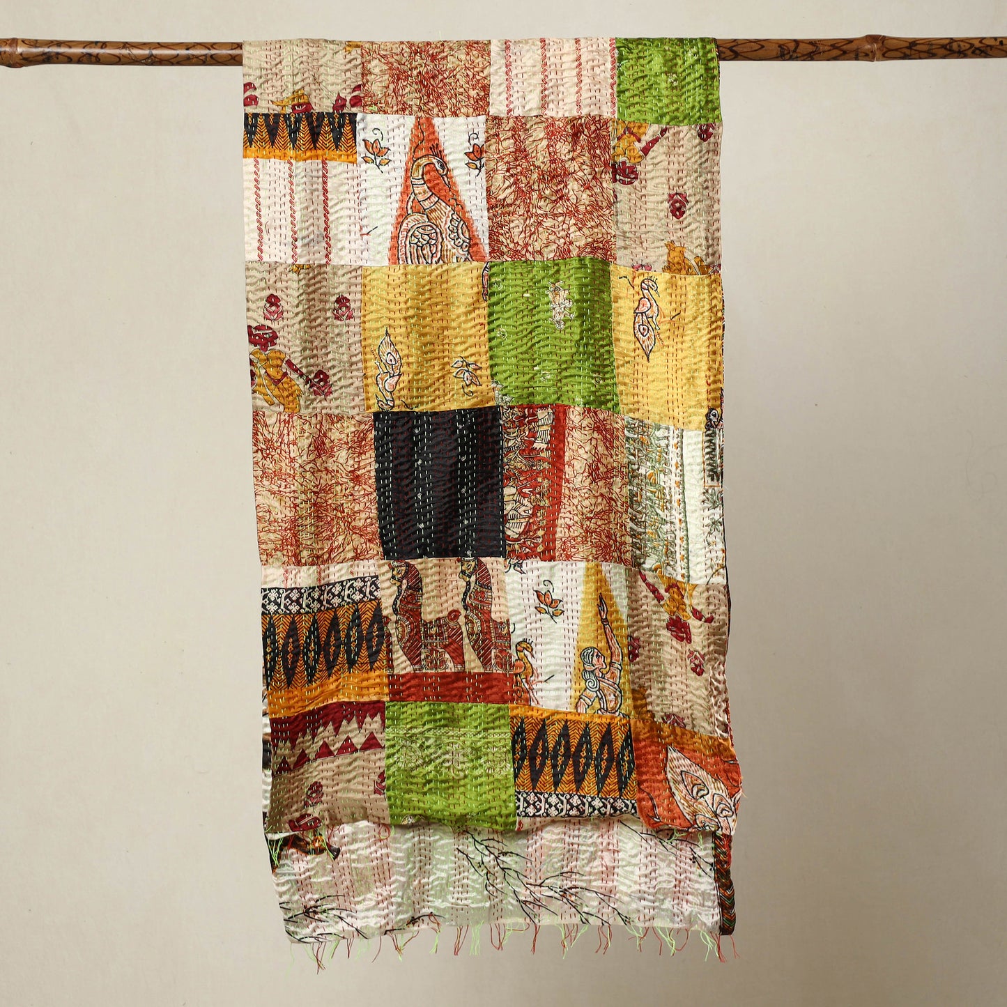 Multicolor - Bengal Kantha Embroidery Patchwork Reversible Silk Stole 89