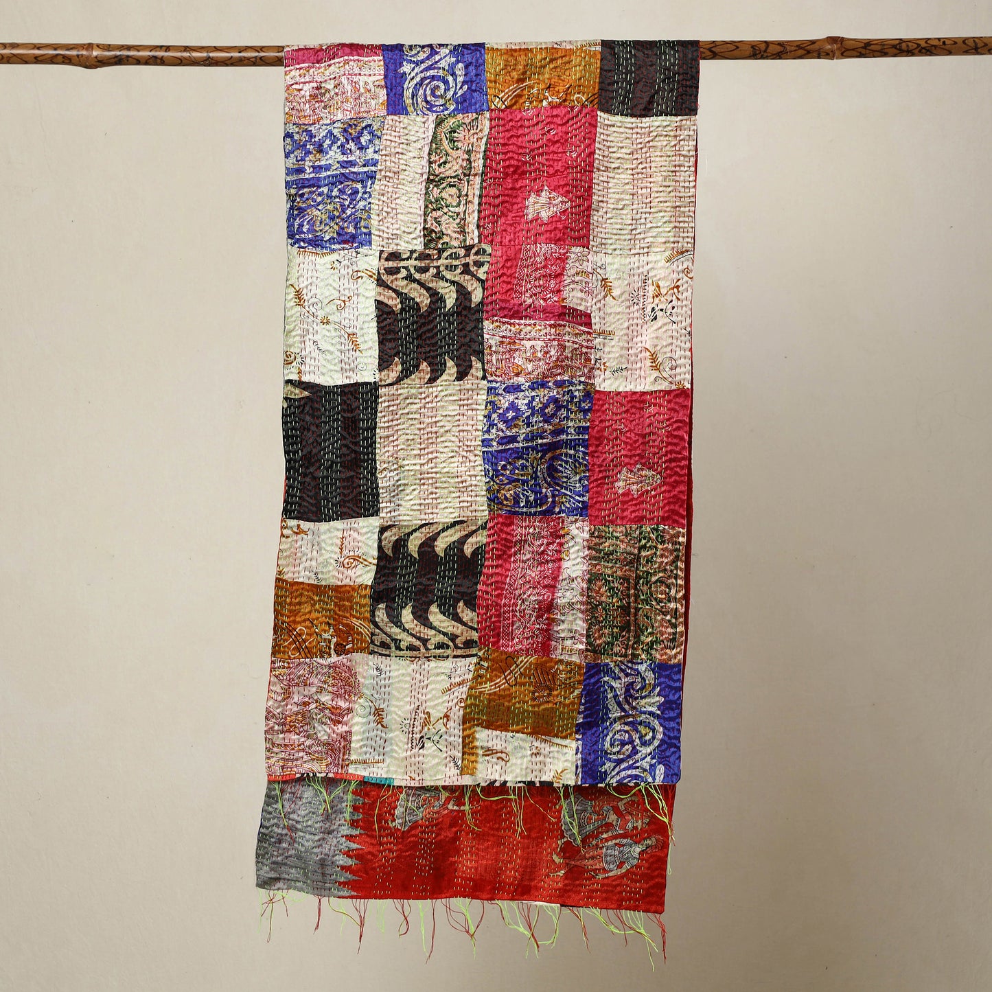 Multicolor - Bengal Kantha Embroidery Patchwork Reversible Silk Stole 79