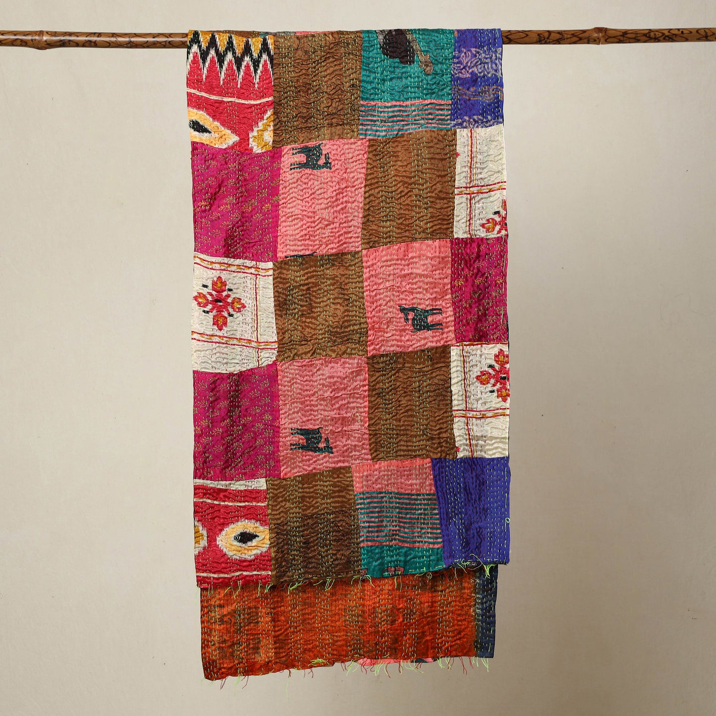 Multicolor - Bengal Kantha Embroidery Patchwork Reversible Silk Stole 78
