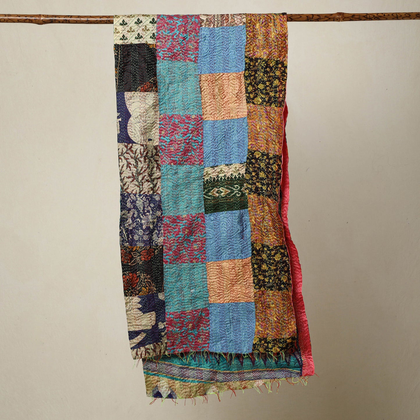 Multicolor - Bengal Kantha Embroidery Patchwork Reversible Silk Stole 77