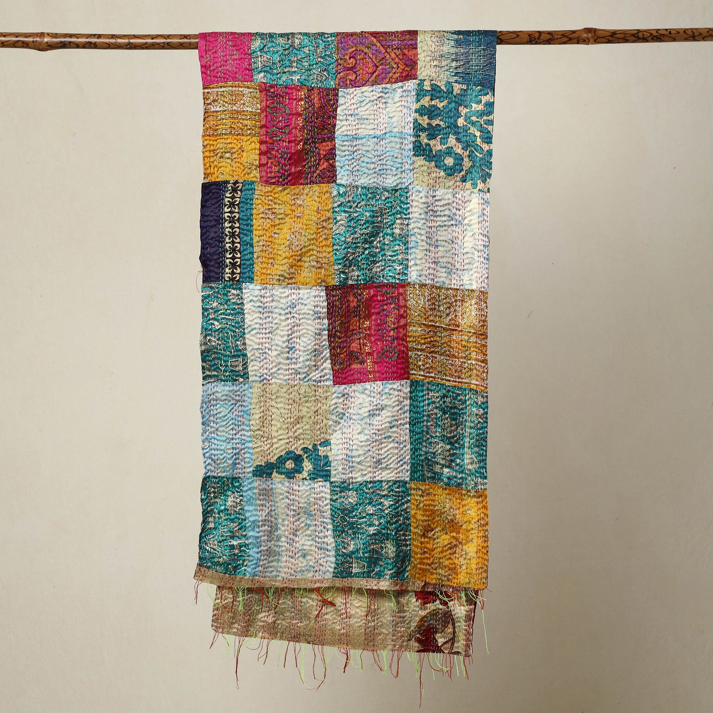 Multicolor - Bengal Kantha Embroidery Patchwork Reversible Silk Stole 73