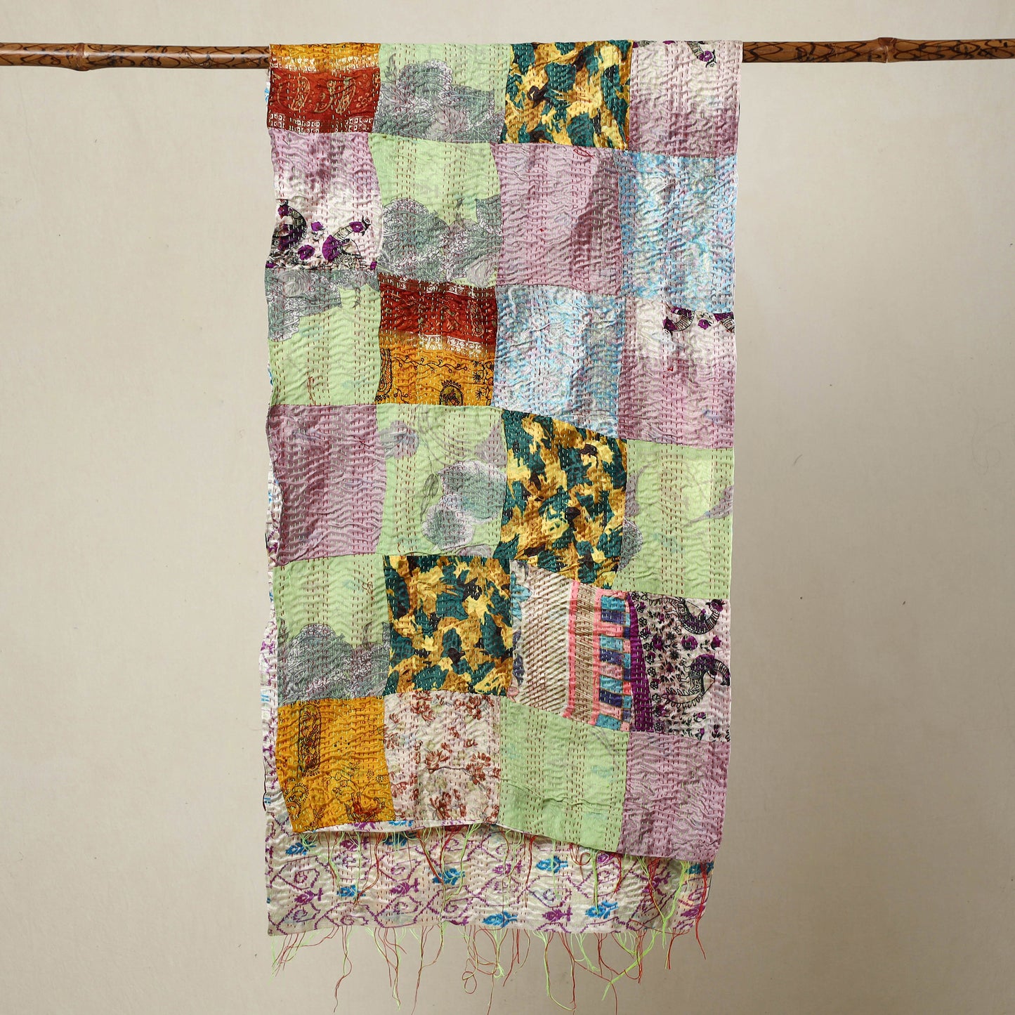 Multicolor - Bengal Kantha Embroidery Patchwork Reversible Silk Stole 71