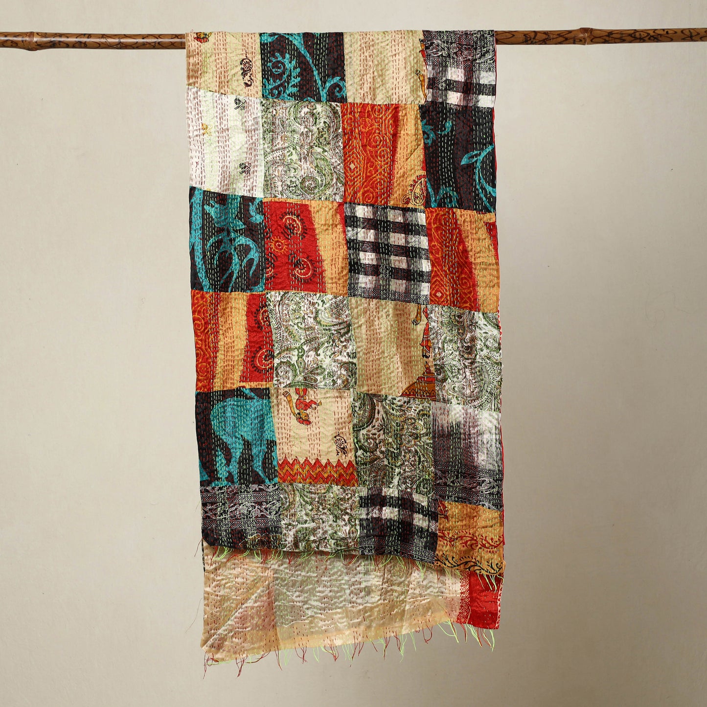 Multicolor - Bengal Kantha Embroidery Patchwork Reversible Silk Stole 61