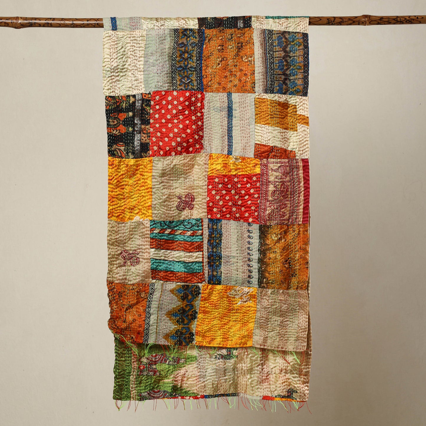 Multicolor - Bengal Kantha Embroidery Patchwork Reversible Silk Stole 16
