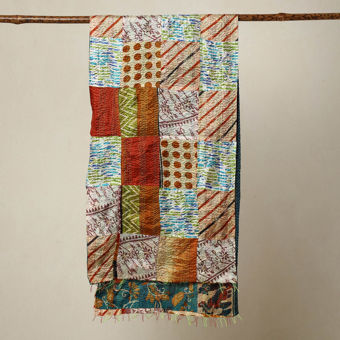 Multicolor - Bengal Kantha Embroidery Patchwork Reversible Silk Stole 20