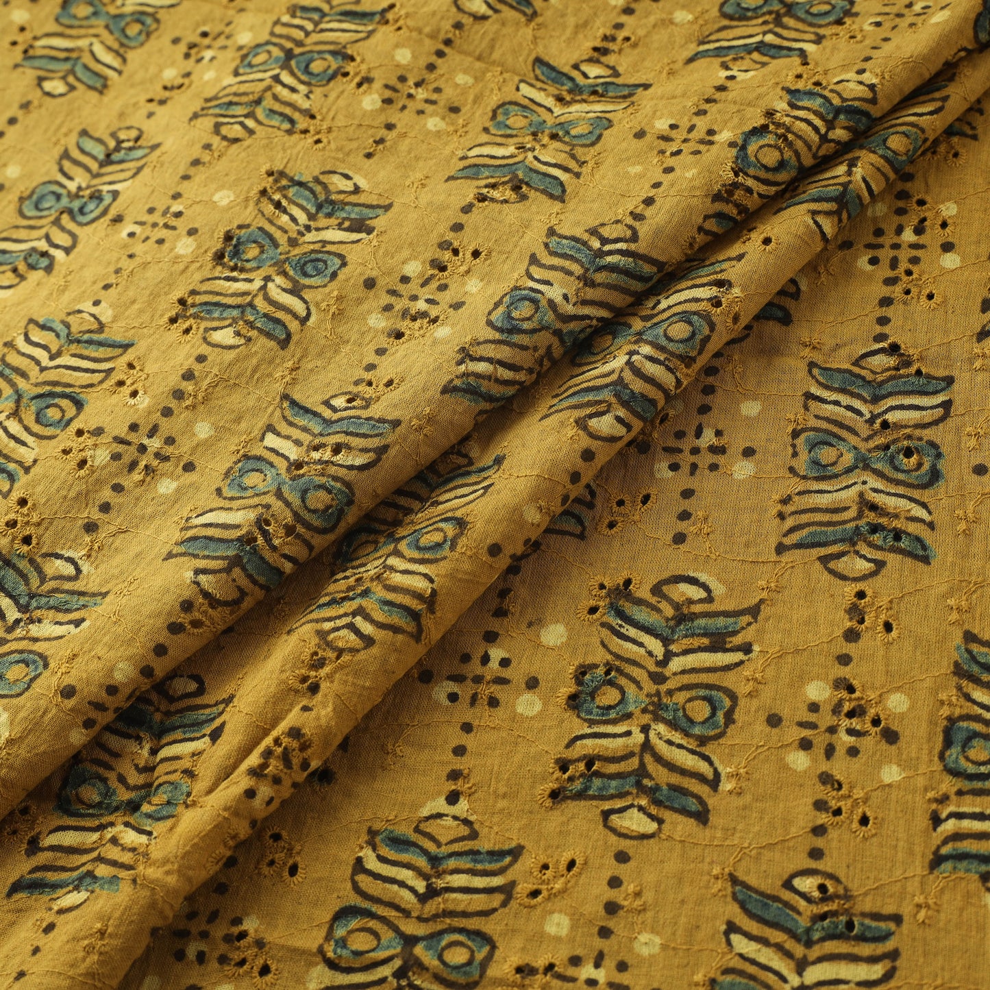 Yellow - Hakoba Hand Block Ajrakh Print Natural Dyed Cotton Fabric 135