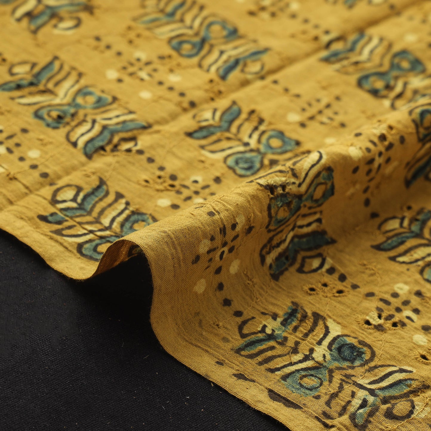 Yellow - Hakoba Hand Block Ajrakh Print Natural Dyed Cotton Fabric 135