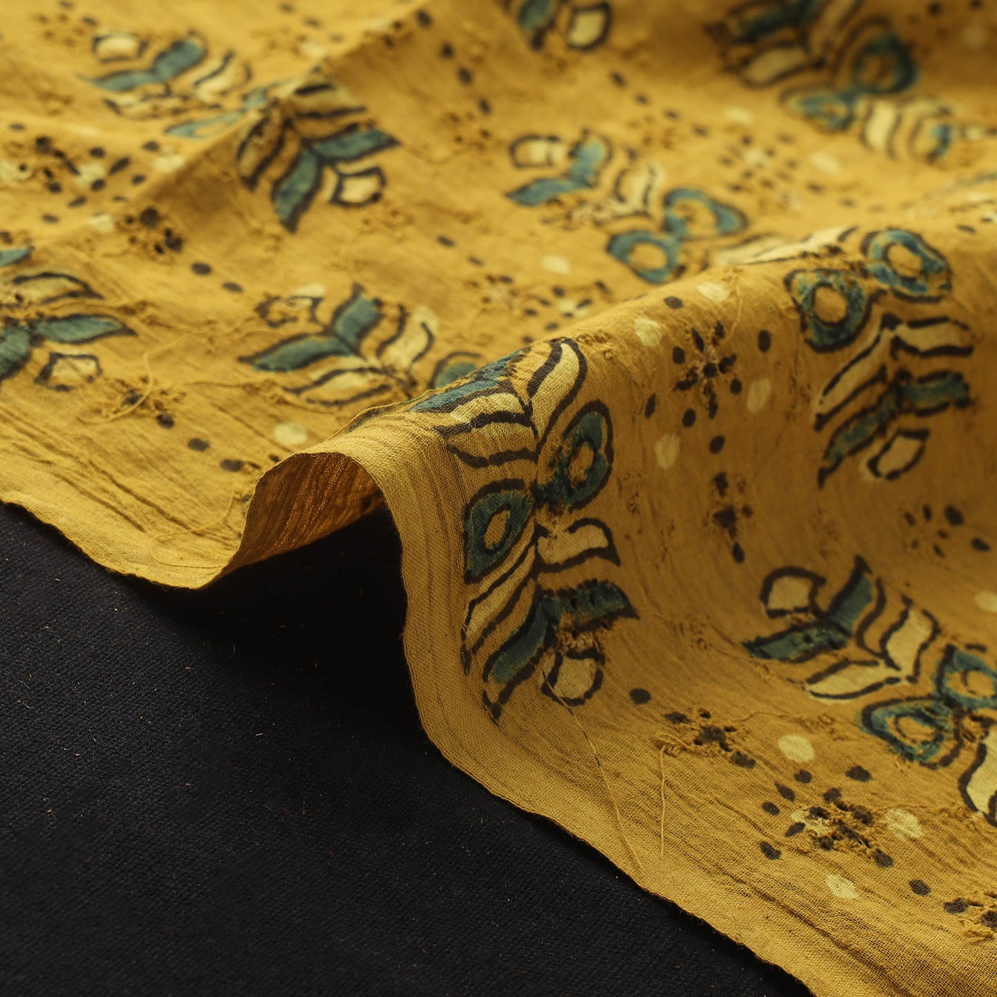 Yellow - Hakoba Hand Block Ajrakh Print Natural Dyed Cotton Fabric 134