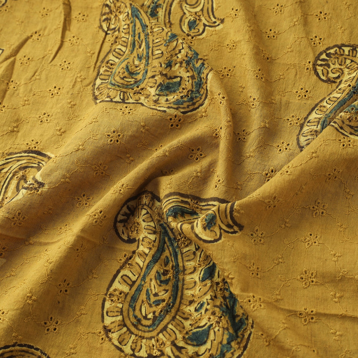 Yellow - Hakoba Hand Block Ajrakh Print Natural Dyed Cotton Fabric 130