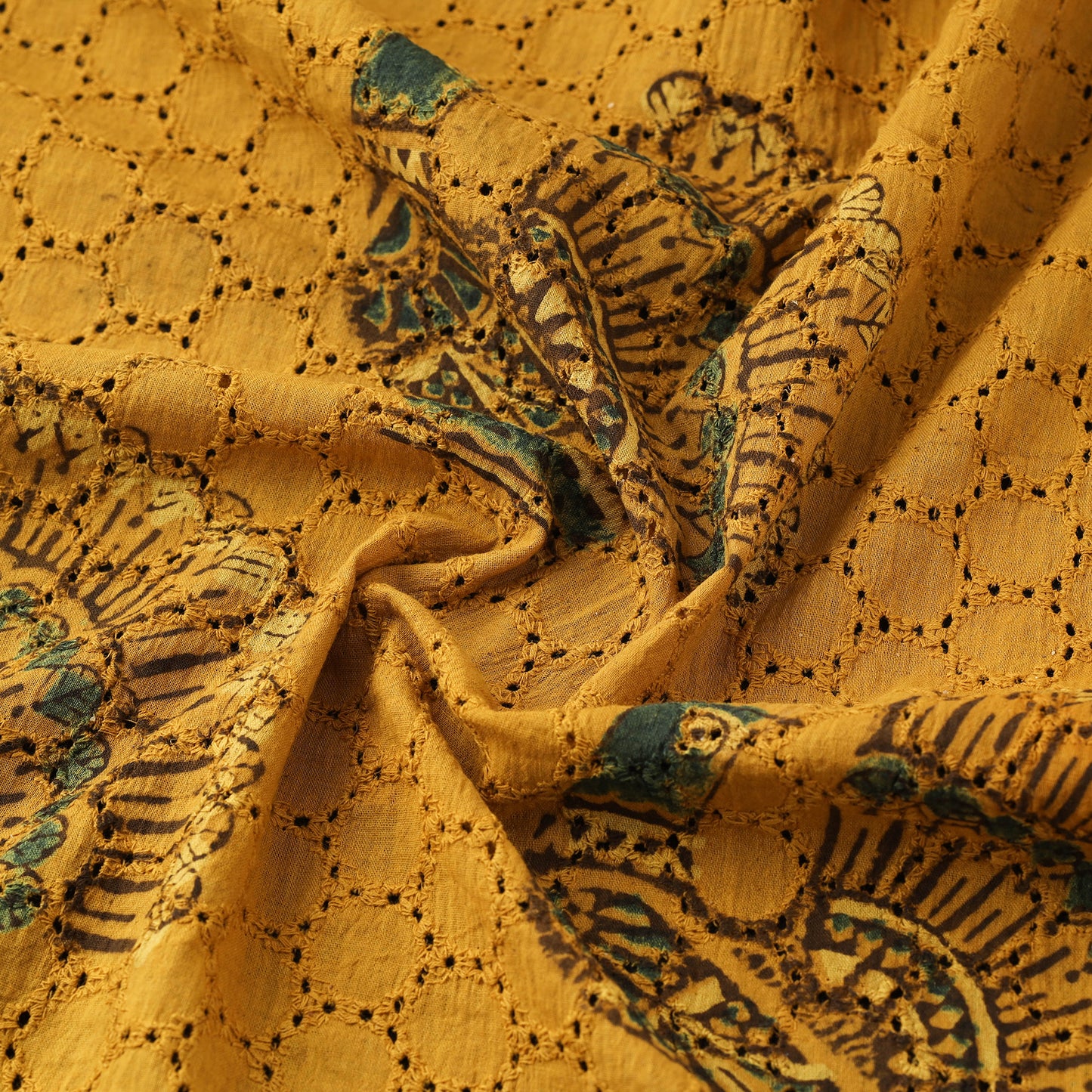 Yellow - Hakoba Hand Block Ajrakh Print Natural Dyed Cotton Fabric 119