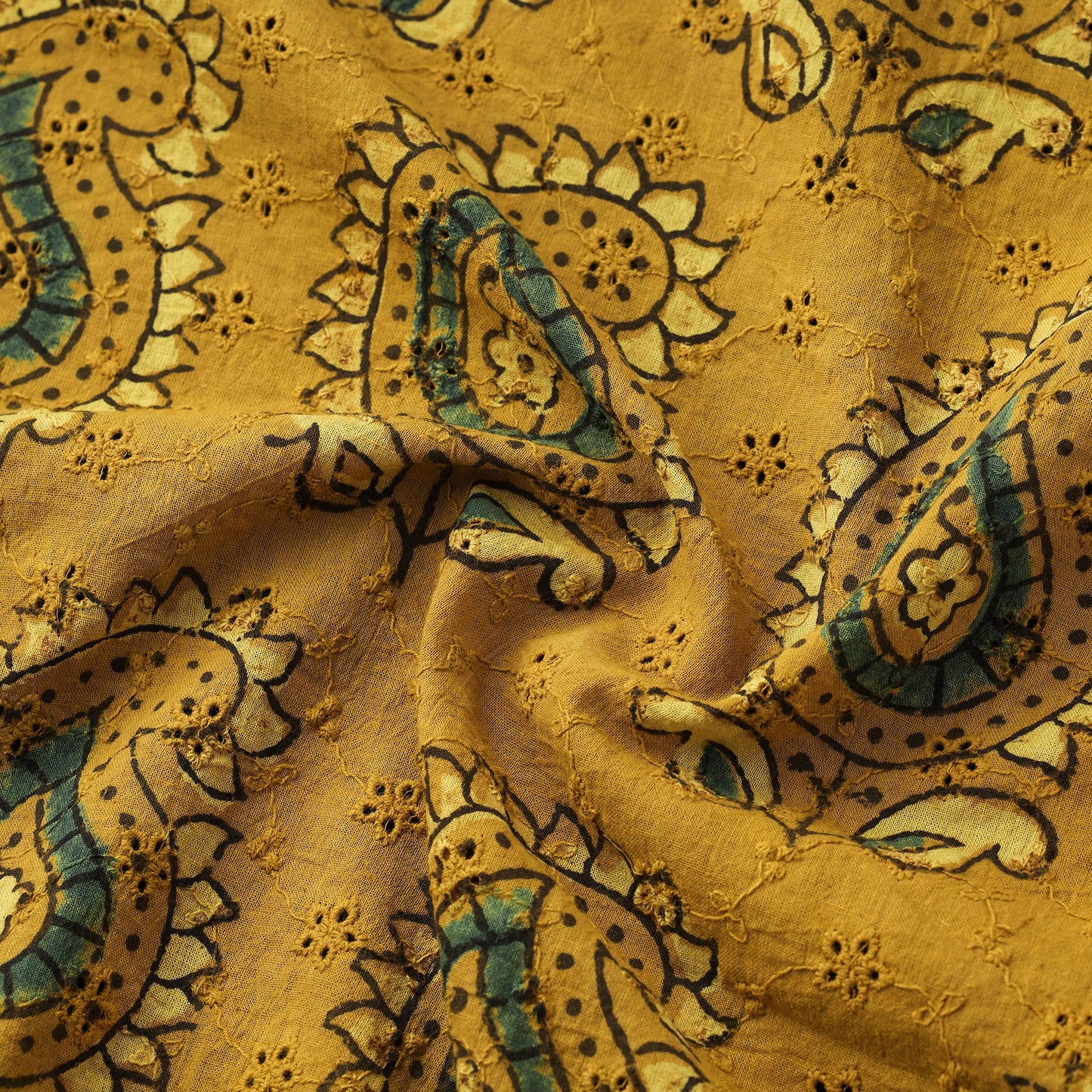 Yellow - Hakoba Hand Block Ajrakh Print Natural Dyed Cotton Fabric 116
