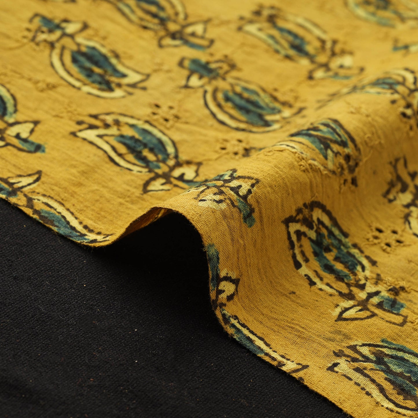 Yellow - Hakoba Hand Block Ajrakh Print Natural Dyed Cotton Fabric 113