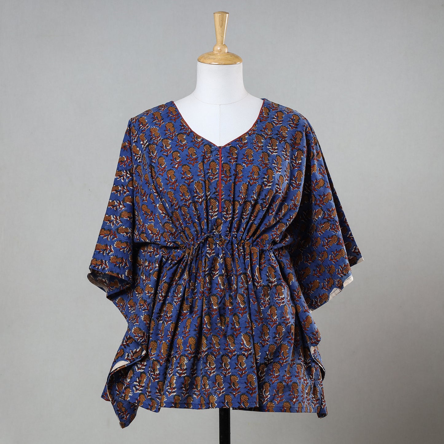 Blue - Bagru Block Printed Cotton Kaftan with Tie-Up Waist (Short)