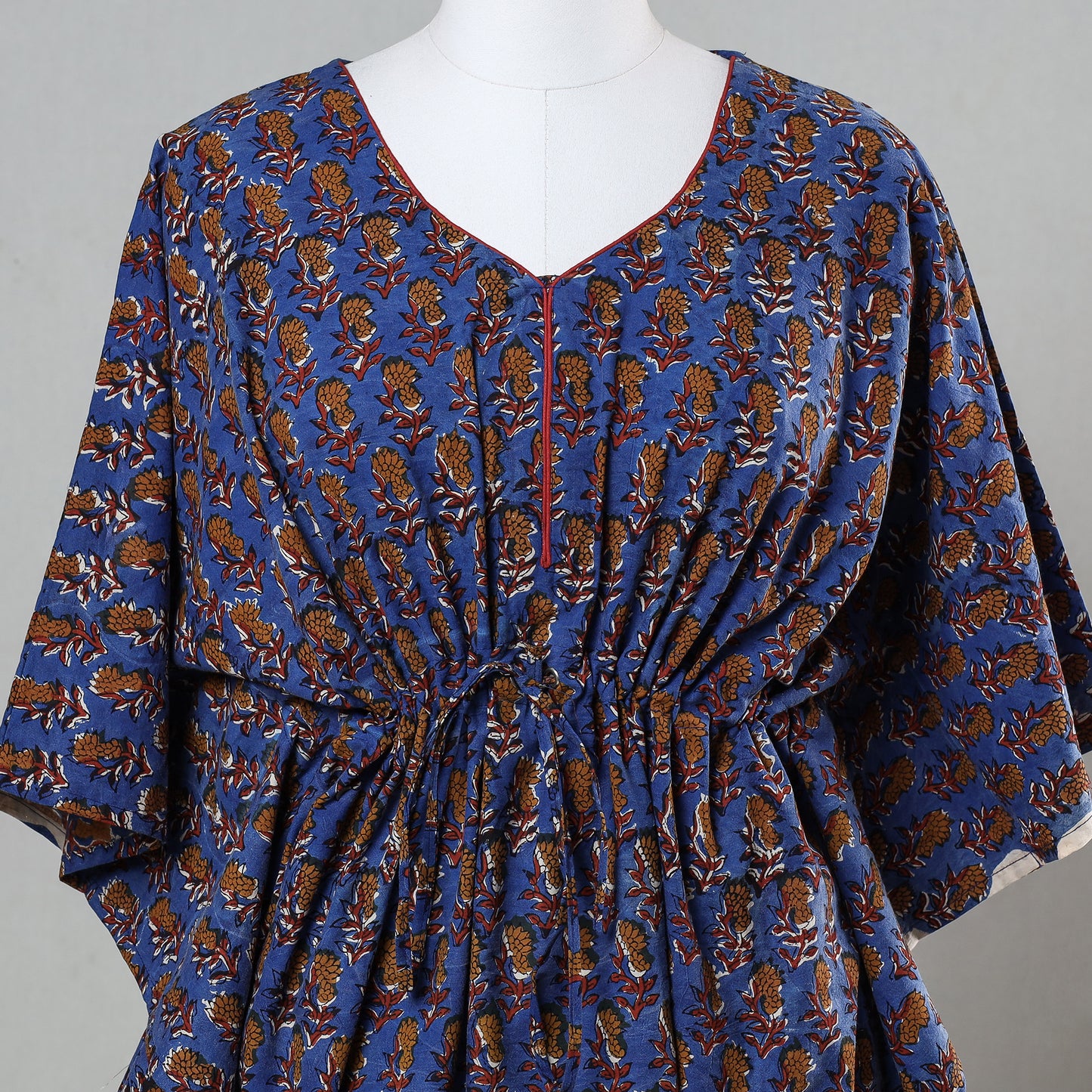 Blue - Bagru Block Printed Cotton Kaftan with Tie-Up Waist (Short)
