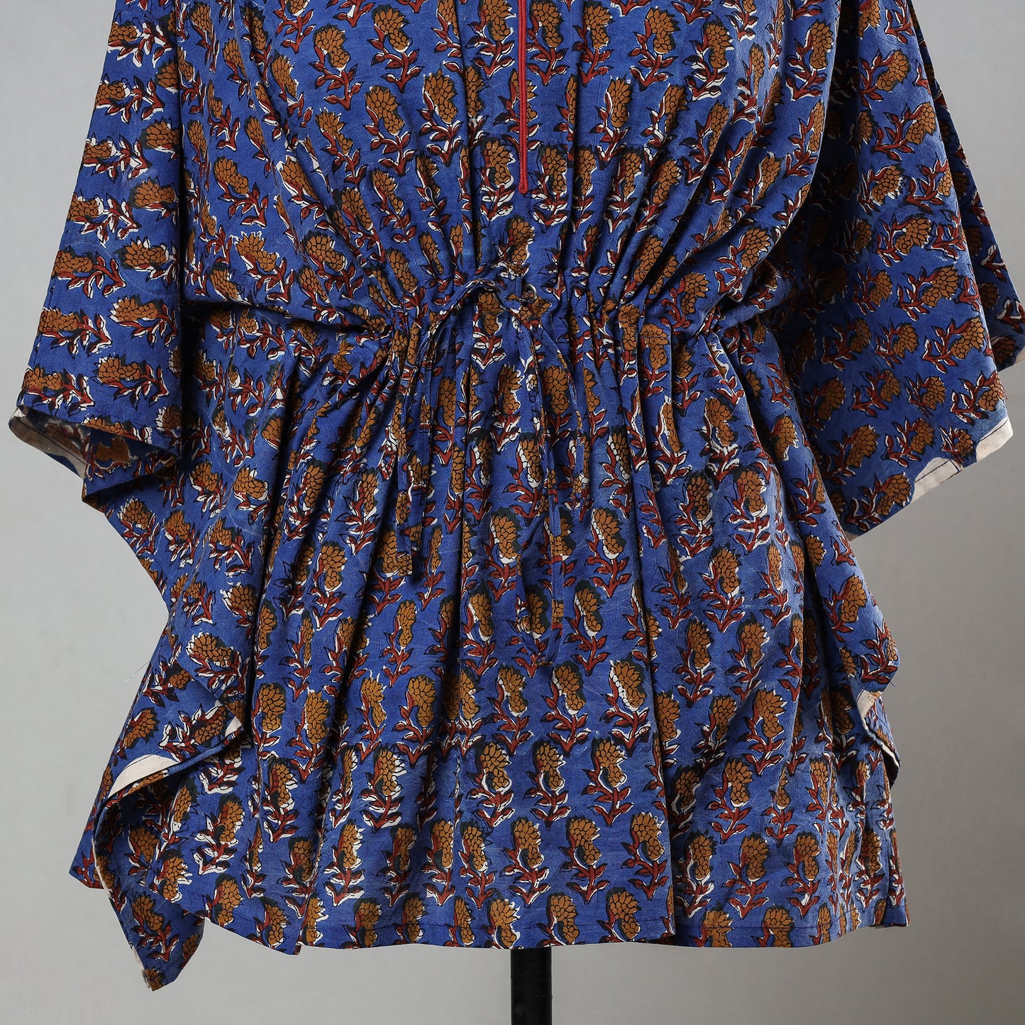Blue - Bagru Block Printed Cotton Kaftan with Tie-Up Waist (Short)