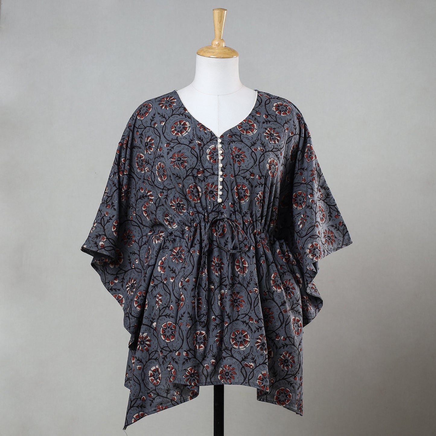 Blue - Bagru Block Printed Cotton Kaftan with Tie-Up Waist (Short)