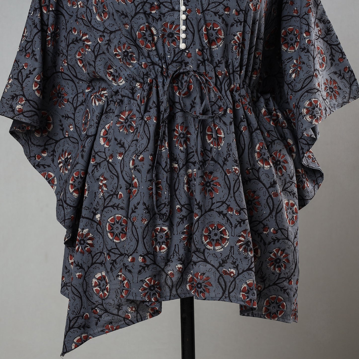 Blue - Bagru Block Printed Cotton Kaftan with Tie-Up Waist (Short)