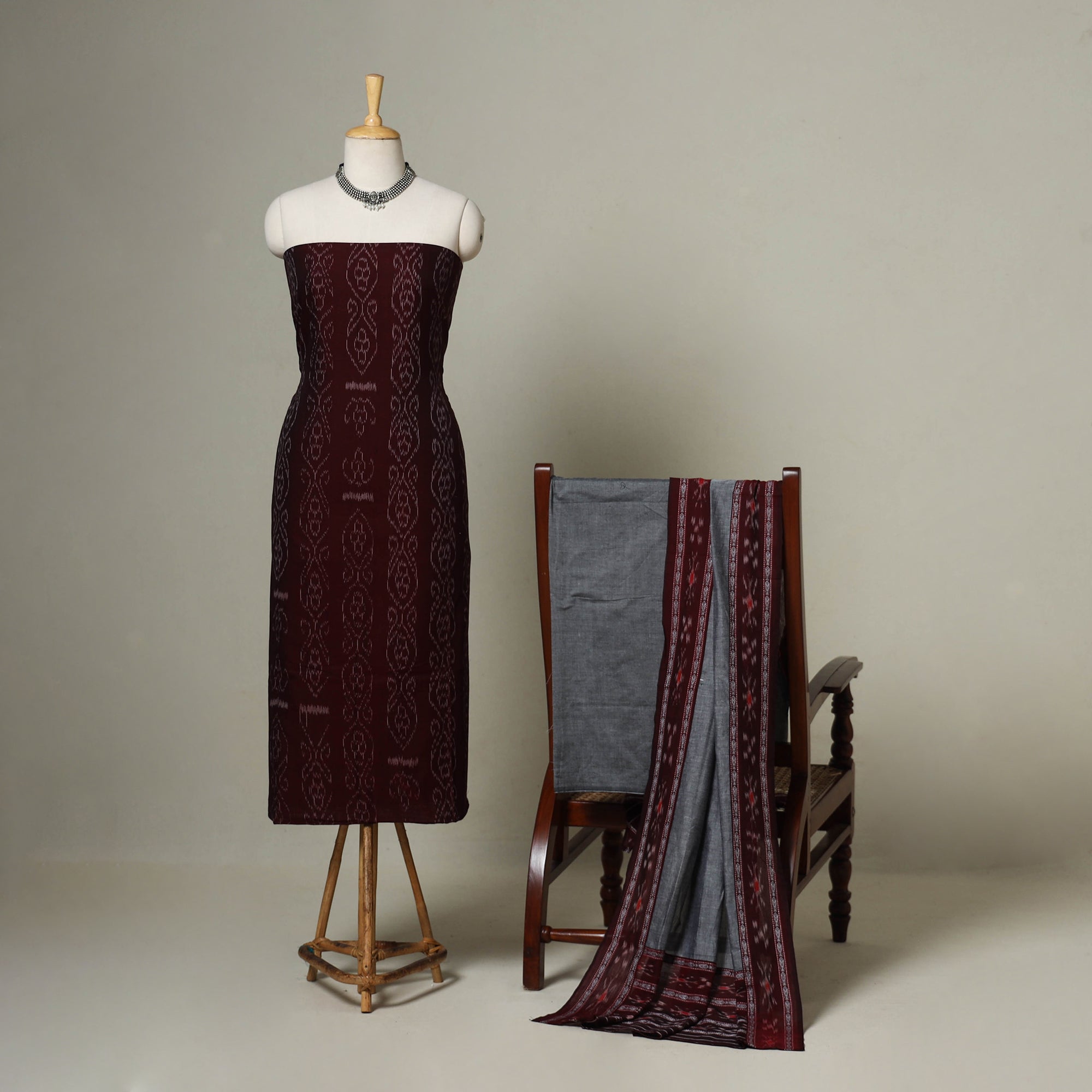 Red - Sambalpuri Ikat Handloom Cotton 3pc Unstitched Dress Material Suit Set 37