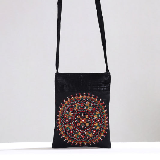 Black - Kutch Neran Hand Embroidery Mirror Work Mashru Silk Sling Bag 11