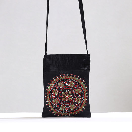 Black - Kutch Neran Hand Embroidery Mirror Work Mashru Silk Sling Bag 14